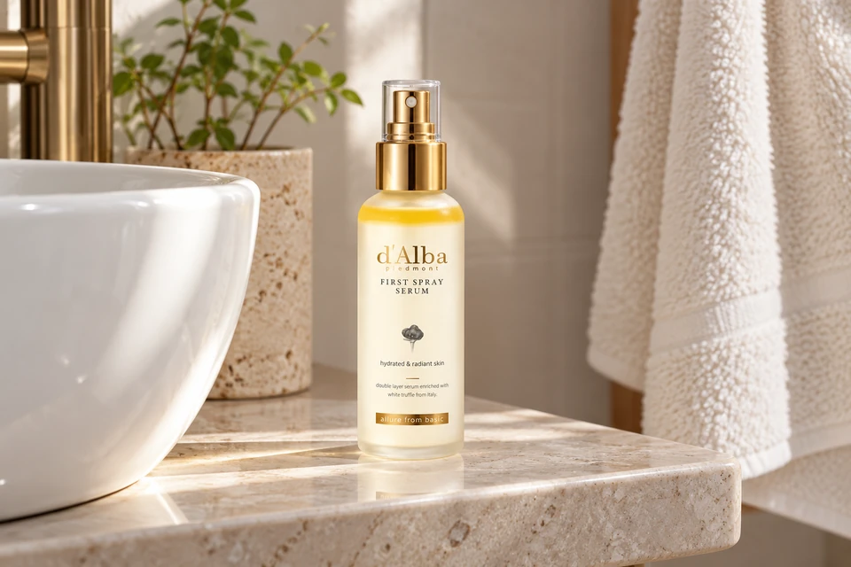 d’Alba White Truffle First Spray Serum 100 ml — junto al lavabo