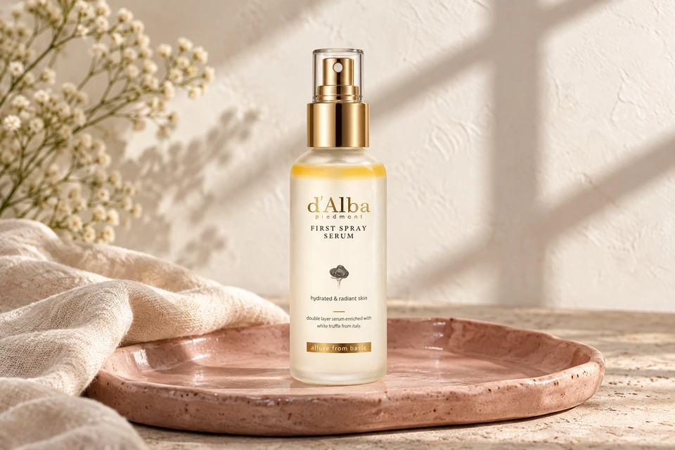 d’Alba White Truffle First Spray Serum 100 ml — sobre una bandeja de cerámica