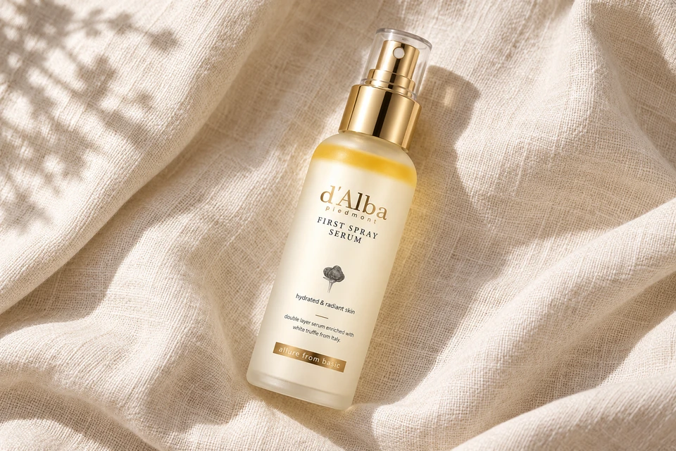d’Alba White Truffle First Spray Serum 100 ml — sobre lino claro