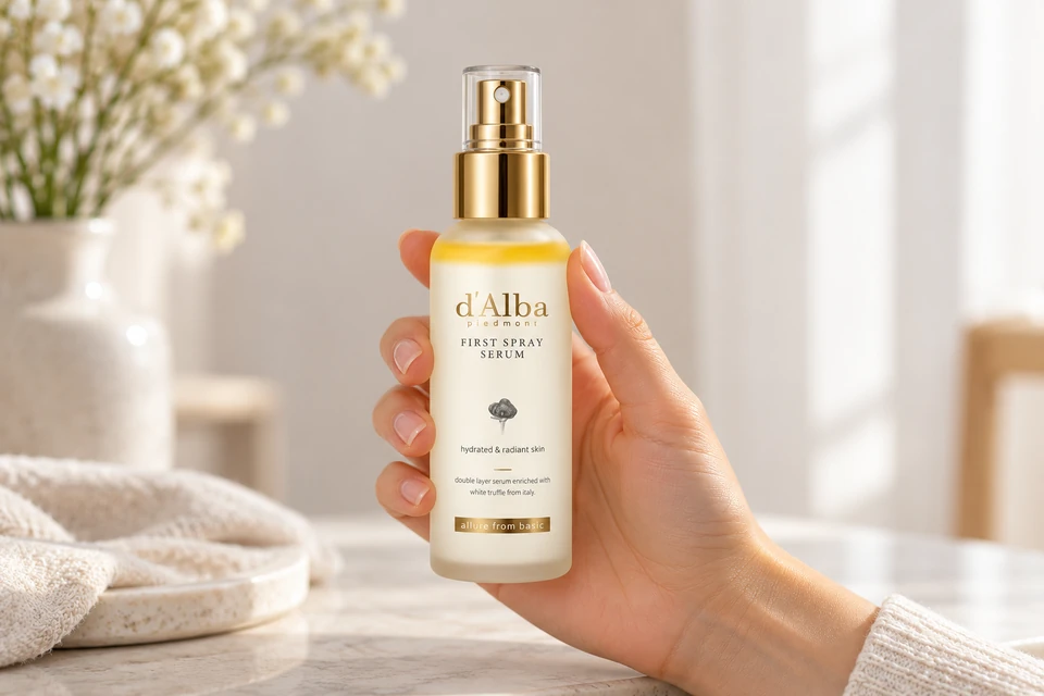 d’Alba White Truffle First Spray Serum 100 ml — envase sostenido en la mano