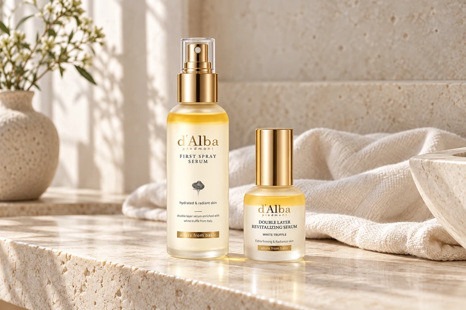 d’Alba First Spray Serum y Double Layer Revitalizing Serum sobre piedra clara