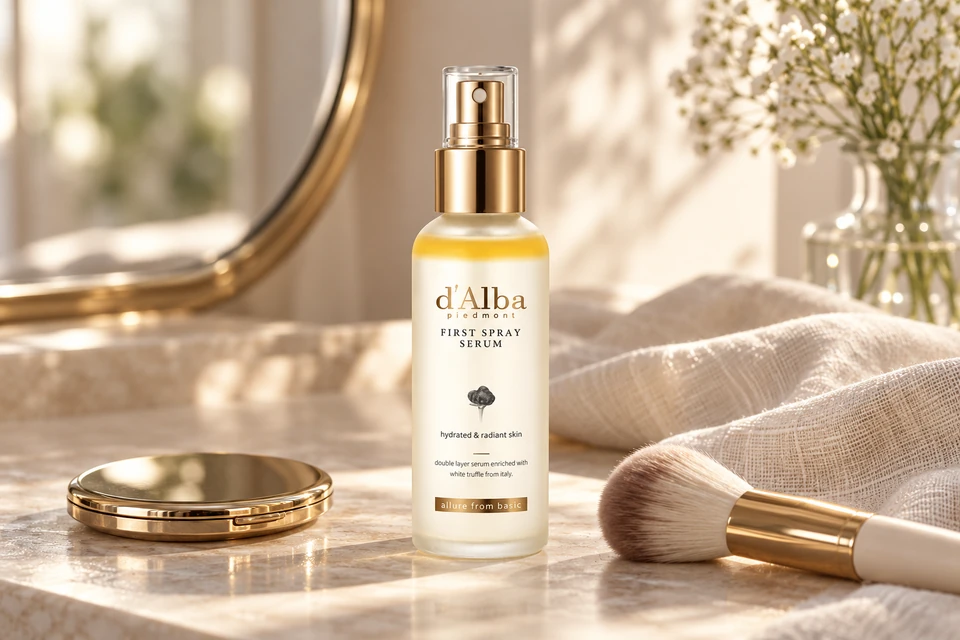 d’Alba White Truffle First Spray Serum 100 ml — junto a accesorios de maquillaje