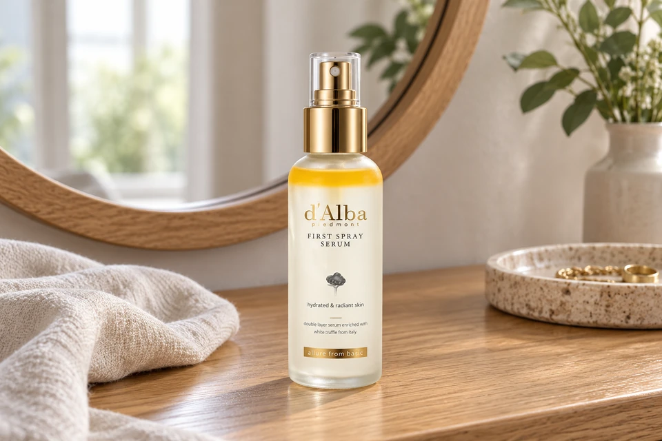 d’Alba White Truffle First Spray Serum 100 ml — sobre un tocador de madera