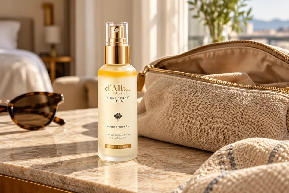 d’Alba White Truffle First Spray Serum 100 ml — junto a un neceser