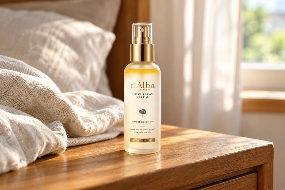 d’Alba White Truffle First Spray Serum 100 ml — sobre una mesa de madera