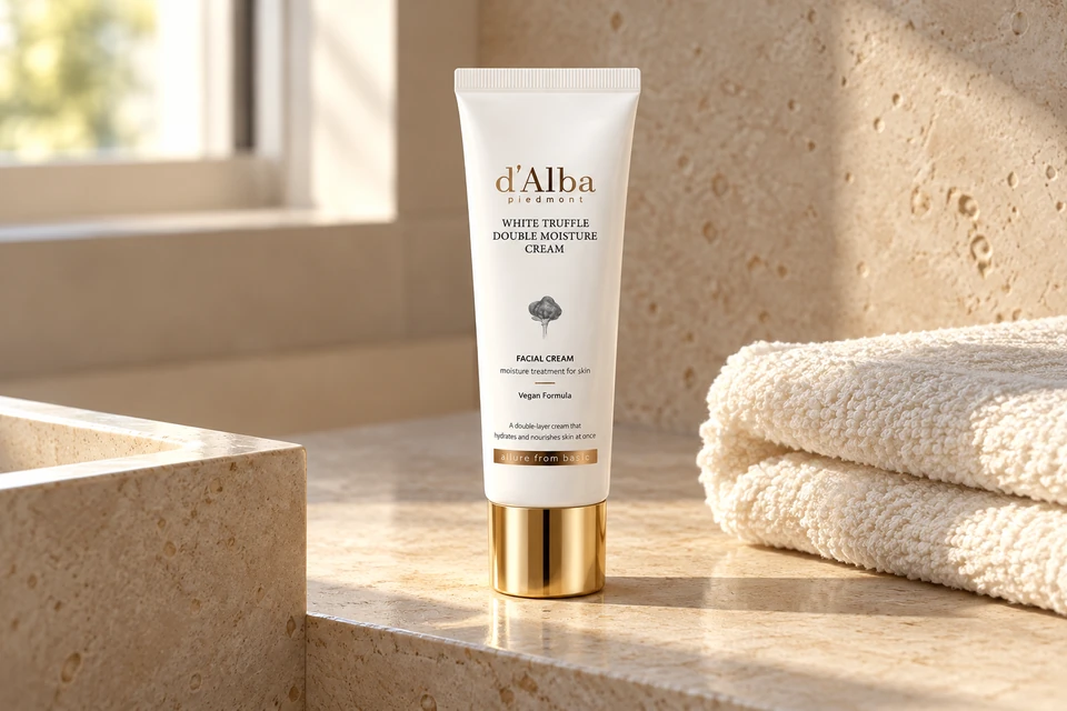 d’Alba White Truffle Double Moisture Cream 60 ml — sobre piedra clara
