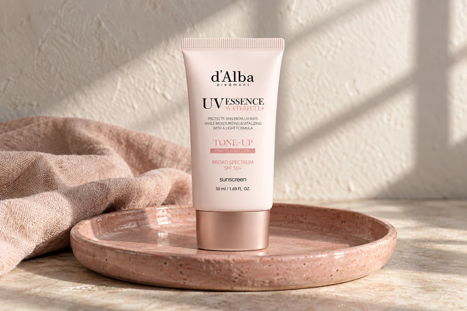 d’Alba Waterfull Tone-Up Sun Cream Rosa SPF50+ PA++++ 50 ml — sobre una bandeja de cerámica
