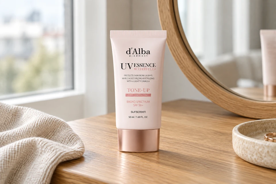d’Alba Waterfull Tone-Up Sun Cream Rosa SPF50+ PA++++ 50 ml — sobre un tocador de madera