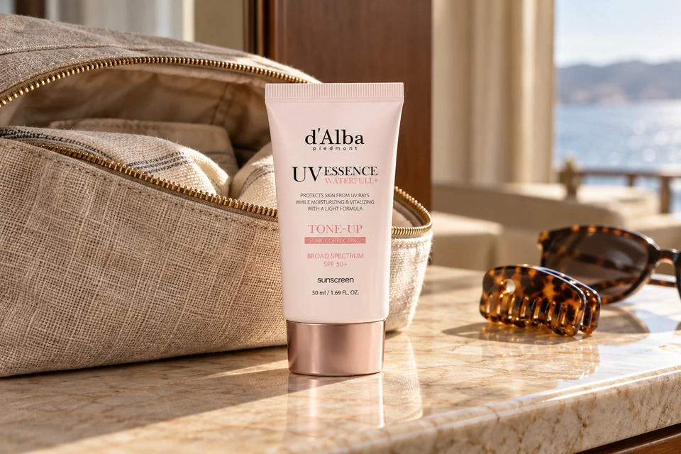 d’Alba Waterfull Tone-Up Sun Cream Rosa SPF50+ PA++++ 50 ml — junto a un neceser
