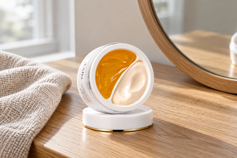 d’Alba White Truffle Double Serum & Cream 70 g — sobre un tocador de madera