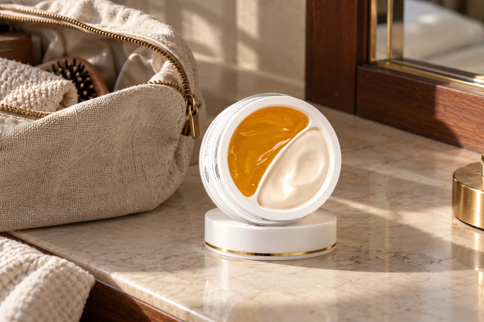 d’Alba White Truffle Double Serum & Cream 70 g — junto a un neceser
