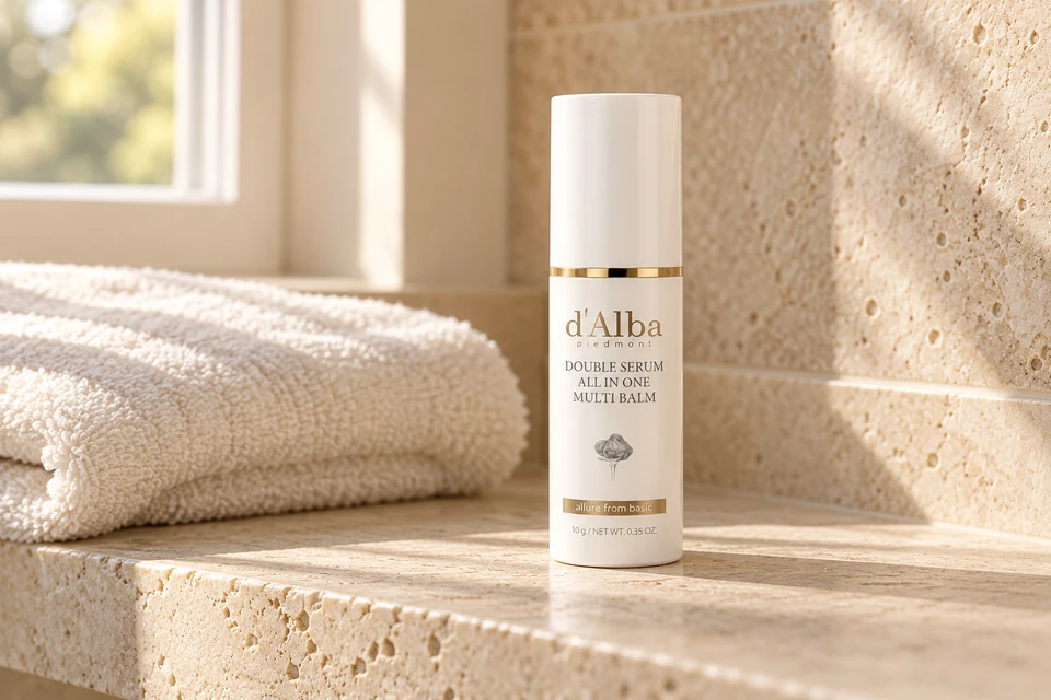 d’Alba Double Serum All In One Multi Balm 10 g — sobre piedra clara