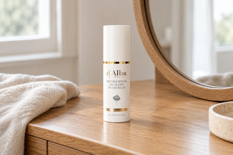 d’Alba Double Serum All In One Multi Balm 10 g — sobre un tocador de madera