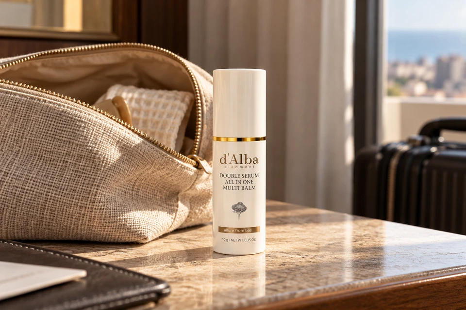 d’Alba Double Serum All In One Multi Balm 10 g — junto a un neceser