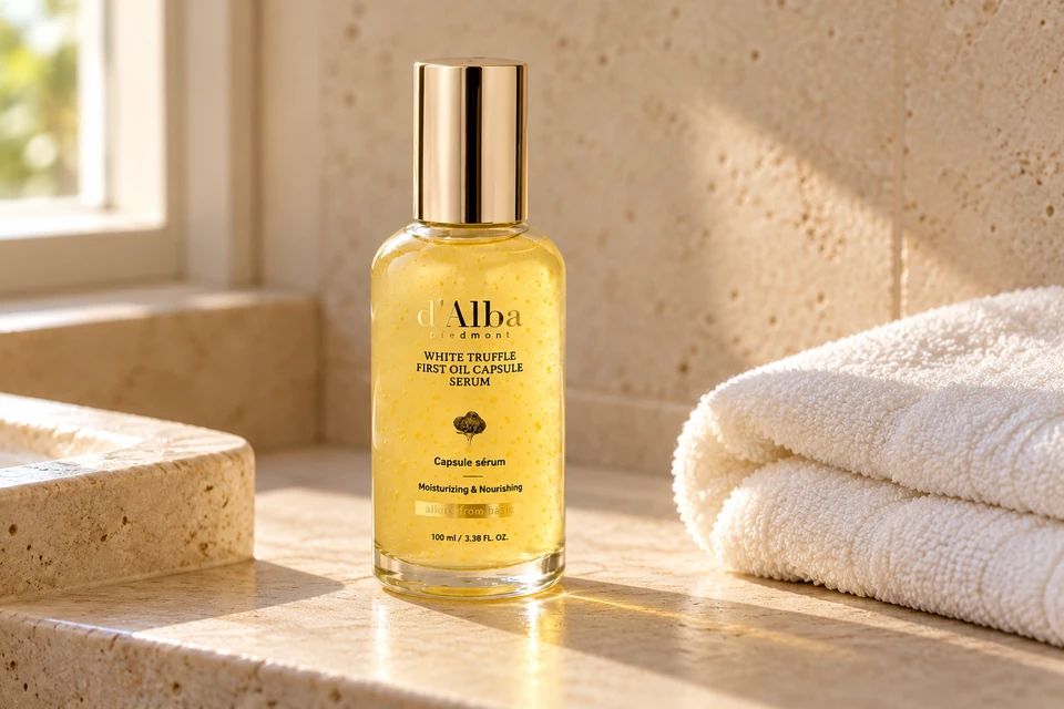 d’Alba White Truffle Oil Capsule Serum 100 ml — sobre piedra clara