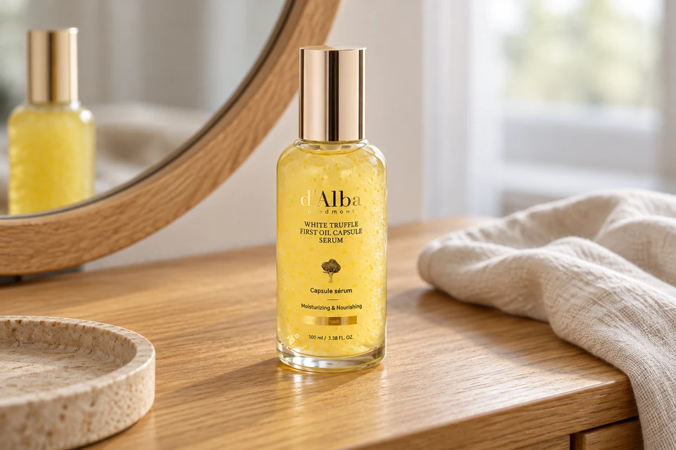 d’Alba White Truffle Oil Capsule Serum 100 ml — sobre un tocador de madera