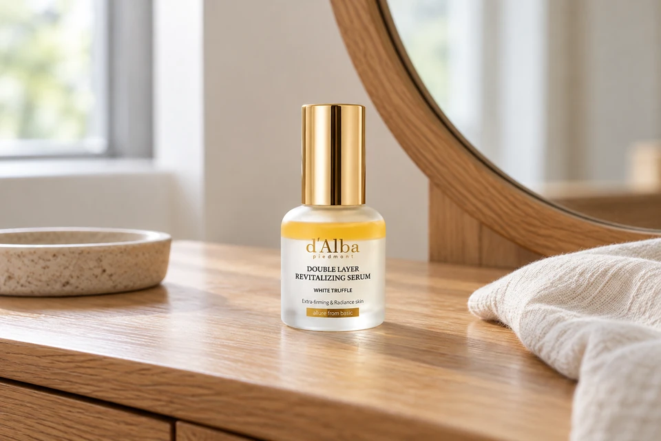 d’Alba White Truffle Double Layer Revitalizing Serum 30 ml — sobre un tocador de madera