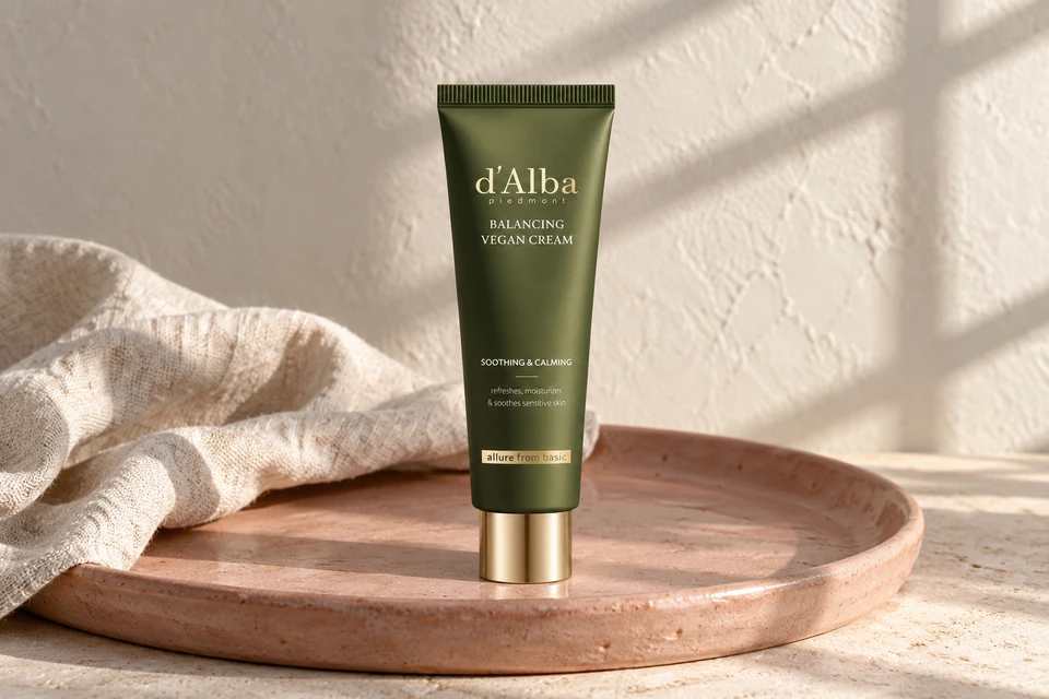 d’Alba Mild Skin Balancing Vegan Cream 55 ml — sobre una bandeja de cerámica
