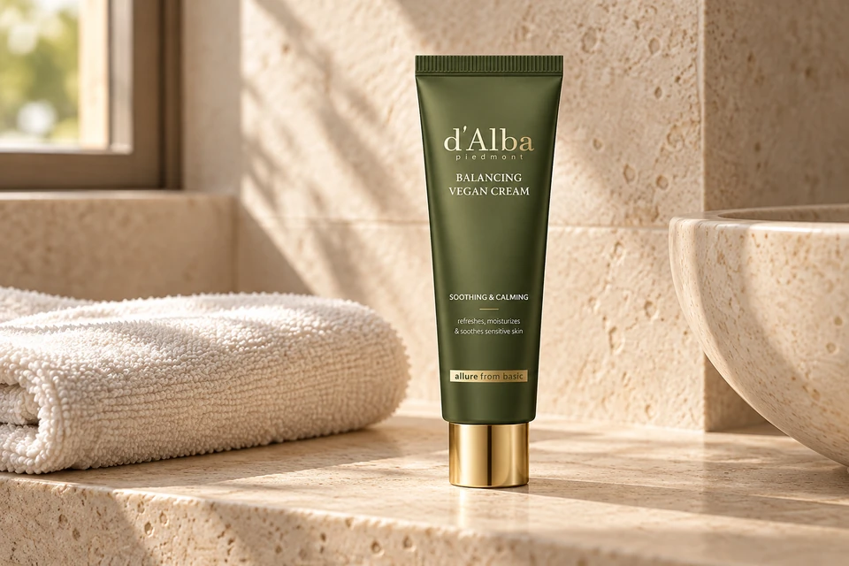 d’Alba Mild Skin Balancing Vegan Cream 55 ml — sobre piedra clara