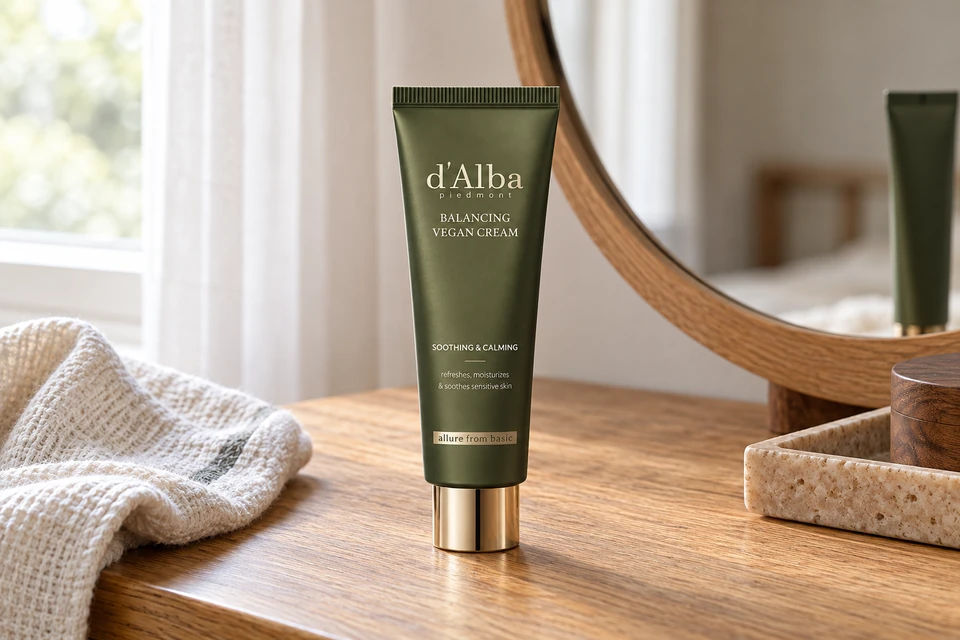 d’Alba Mild Skin Balancing Vegan Cream 55 ml — sobre un tocador de madera