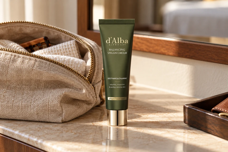 d’Alba Mild Skin Balancing Vegan Cream 55 ml — junto a un neceser