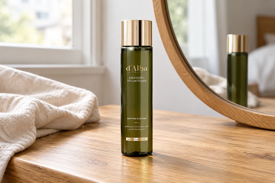 d’Alba Mild Skin Balancing Vegan Toner 150 ml — sobre un tocador de madera
