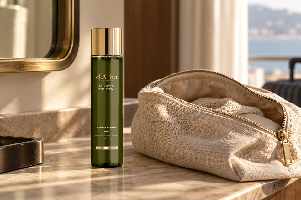 d’Alba Mild Skin Balancing Vegan Toner 150 ml — junto a un neceser
